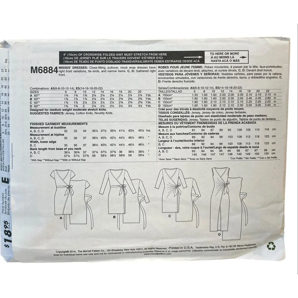 McCALL'S M6884 Misses Wrap Dress Pattern Size 6-14 Modern Knit